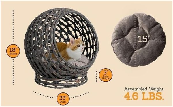 Pet Bed Wicker Frame, Plush Washable Cushion, 15" Cushion Dia, 18" H x 16.5" W, Ventilated & Portable