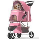 Pet Stroller with 3 Wheels for Small/Medium Pets, Portable Travel Foldable Carrier Jogger for Dog Cat P, Rear Wheel Breaks, Storage Basket, Visible Mesh with Weather Cover (Pink)