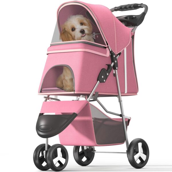 Pet Stroller with 3 Wheels for Small/Medium Pets, Portable Travel Foldable Carrier Jogger for Dog Cat P, Rear Wheel Breaks, Storage Basket, Visible Mesh with Weather Cover (Pink)