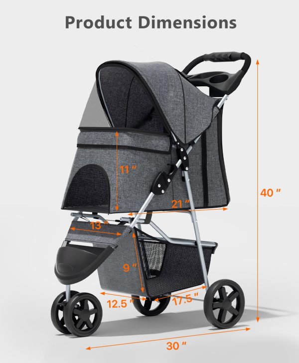 Pet Stroller with 3 Wheels for Small/Medium Pets, Portable Travel Foldable Carrier Jogger for Dog Cat P, Rear Wheel Breaks, Storage Basket, Visible Mesh with Weather Cover (Gray)