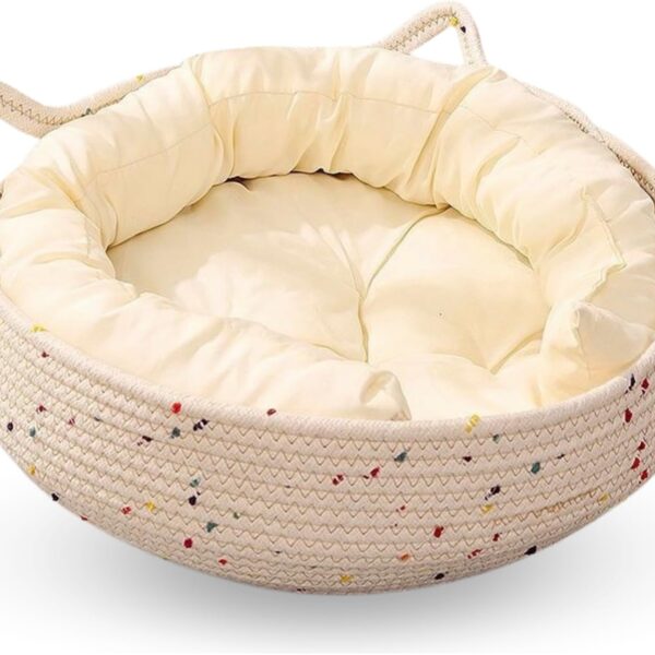 Cat Bed for Indoor Cats – Round Washable Basket with Soft Cushion & Scratchable Sides, Cozy Woven Kitten Bed, 17.7” x 5.9”