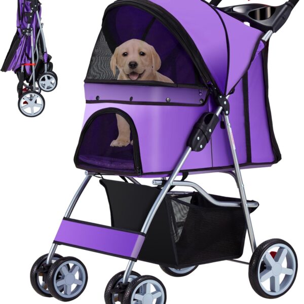 Pet Stroller, 4 Wheels Pet Strolling Cart for Medium/Small Dogs and Cats, Foldable Cat Jogger/Dog Stroller with Cup Holder, Storage Basket, Breathable Mesh, All-Season Pet Carrier, Purple