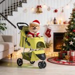 Foldable Pet Stroller with Waterproof Cover, 3-Wheels Dog Strolling Cart for Small/Medium Dogs and Cats with Storage Basket and Cup Holder, Breathable and Visible Mesh for All-Season, Yellow