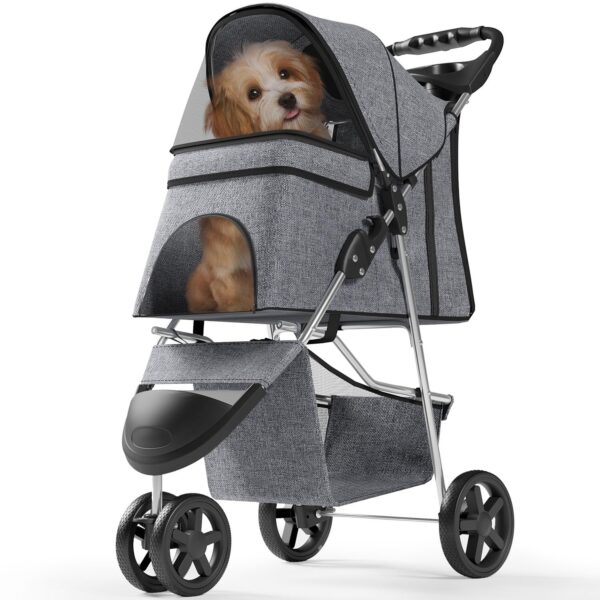 Pet Stroller with 3 Wheels for Small/Medium Pets, Portable Travel Foldable Carrier Jogger for Dog Cat P, Rear Wheel Breaks, Storage Basket, Visible Mesh with Weather Cover (Gray)
