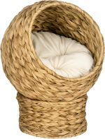 Handwoven Elevated Cat Bed with Soft Cushion & Egg Chair Shape, Basket Bed Kitty House with Stand, Raised Wicker House for Indoor Cats, 20" H, Brown