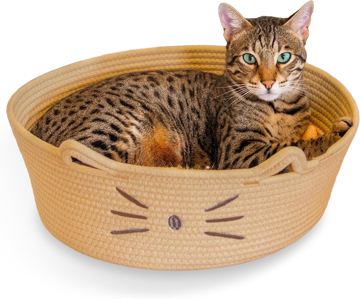 2-in-1 Cat Bed with Removable Cushion, Plush Cotton Rope, Tan, 15 in – Versatile Pet Bed and Toy Storage Basket