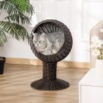 Elevated Cat Bed with Rotatable Egg Chair Pod, Cat Basket Bed with Thick Cushion, Natural Mat Grass Woven Kitty House, Coffee