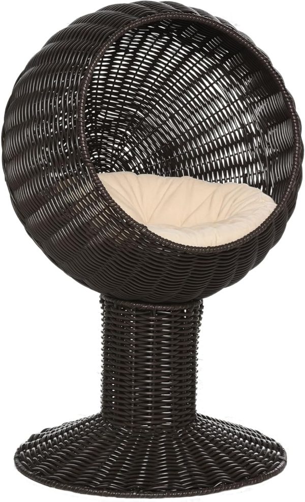 Elevated Cat Bed with Rotatable Egg Chair Pod, Cat Basket Bed with Thick Cushion, Natural Mat Grass Woven Kitty House, Coffee