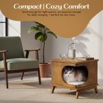Modern Wooden Cat Bed End Table for Indoor Cats – 15.7"x15.3"x15.7" Cat House Side Table with Cushion – Stylish Nightstand Cat Condo for Bedroom or Living Room – Compact Pet Hideaway Furniture