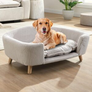 30''inch Bed Frame for Large Dogs, Modern Pet Sofa, Elevated Dog Couch Bed with Wooden Legs, Oval Small Dog Bed, Cozy Tufted Cushion Pet Furniture (Beige)