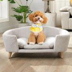 30''inch Bed Frame for Large Dogs, Modern Pet Sofa, Elevated Dog Couch Bed with Wooden Legs, Oval Small Dog Bed, Cozy Tufted Cushion Pet Furniture (Beige)